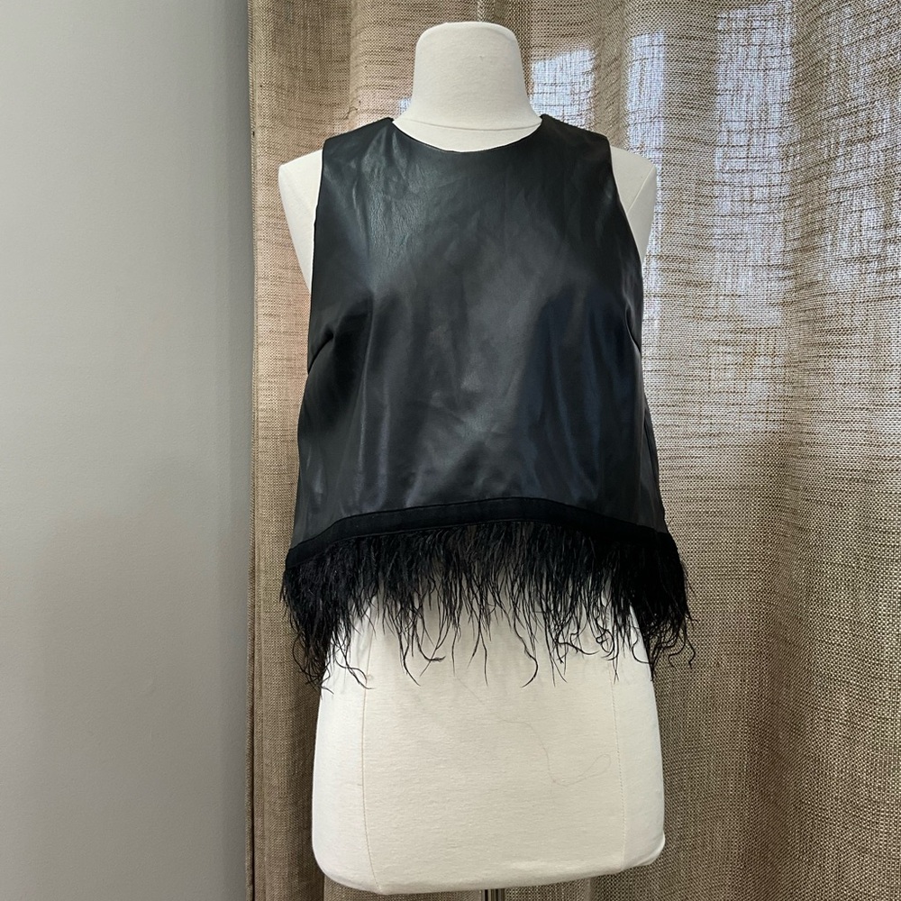 Hutch Black Faux-Leather Feather Trim Crop Tank